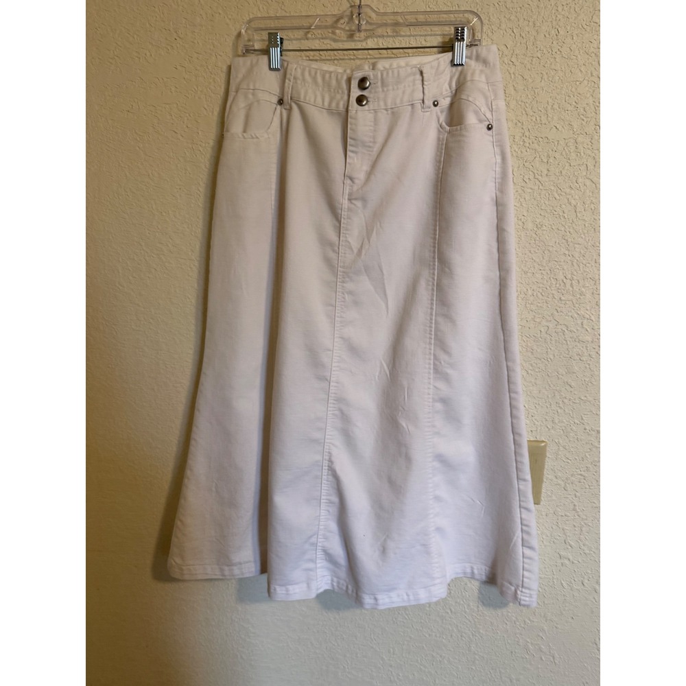 Cato White Denim Maxi Skirt Womens 12 Paneled A-Line Long 5-Pocket Back Vent